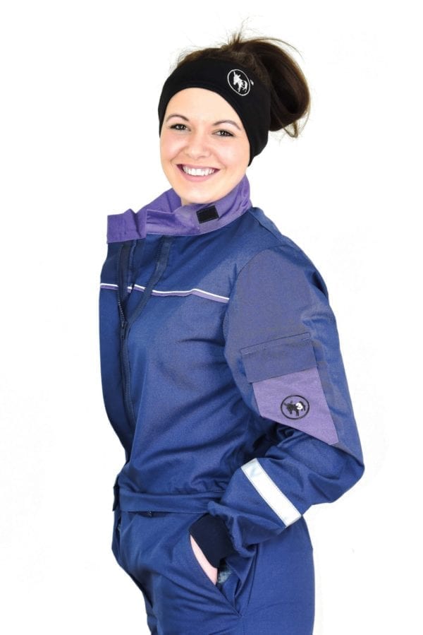 model woman wearing classic blue coverall