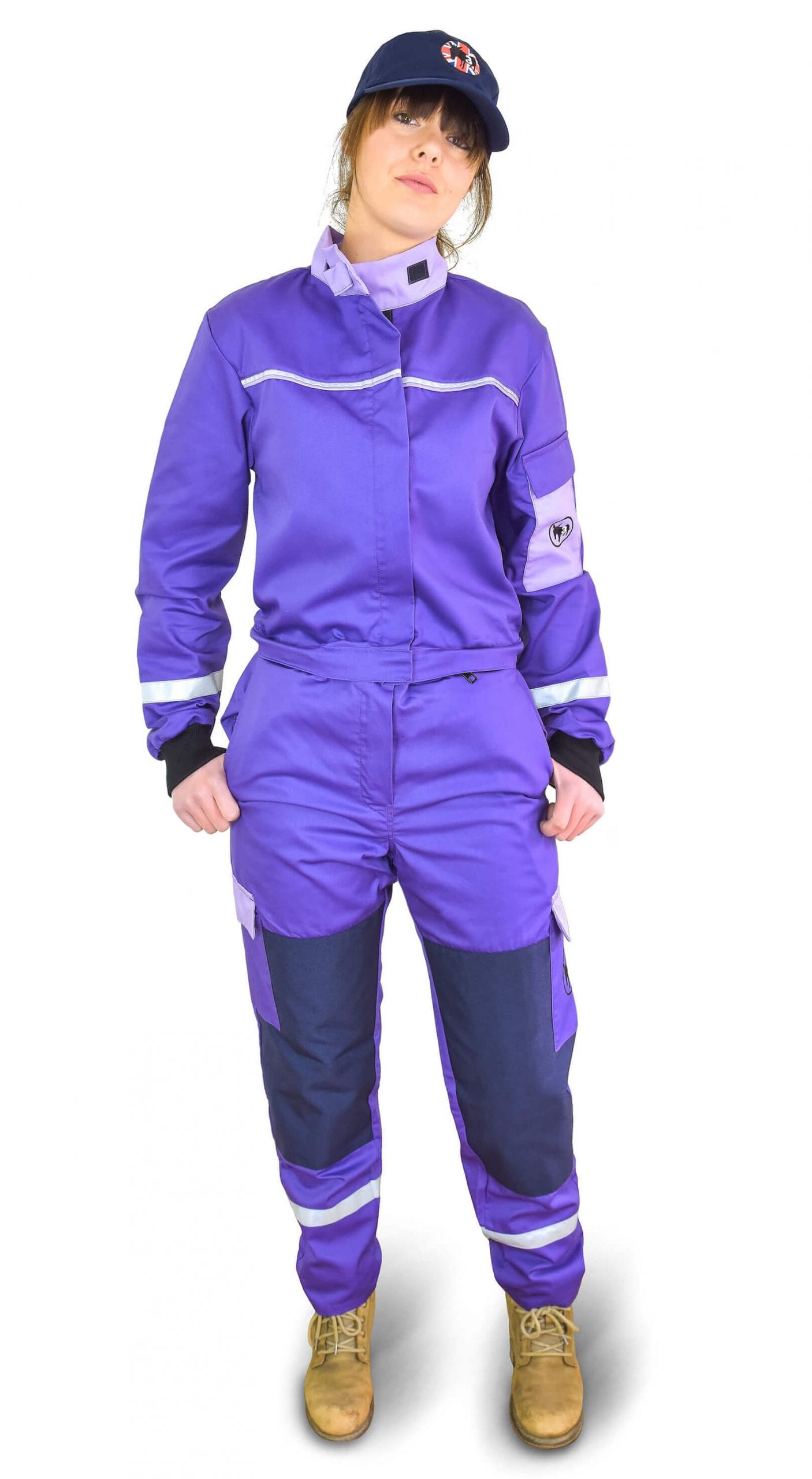 a girl wearing classic purple coverall
