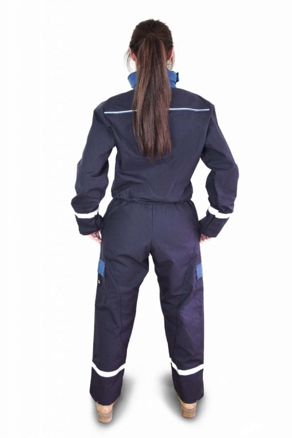 a firl wearing classic blue coverall in back view