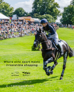 Rider competing in cross-country at Defender Burghley Horse Trials 2025 with large crowd watching, promoting elite equestrian sport and shopping event, 4–7 September 2025